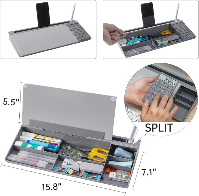 Small Glass Desktop Whiteboard Dry-Erase-Board - Computer Keyboard Stand with Calculator White Board Surface Pad with Drawer, Desk Organizers with Accessories for Office, Home, School Supplies - Grey