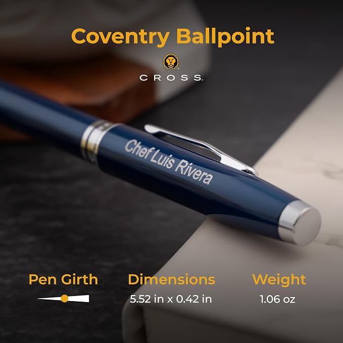 Cross Coventry Ballpoint Pen, Blue Lacquer with Chrome Trim, Custom Engraved — Graduation, Promotion, Office, or New Hire Gift