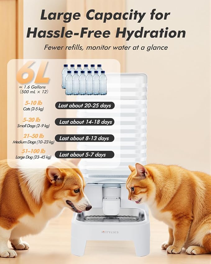 Automatic Dog Water Bowl Dispenser with Patented Faucet - 6L Large Gravity Cat Water Dispenser with Handle, Filter & Adjustable Base, Wide Mouth for Easy Clean, BPA-Free, Stainless Steel Pet Waterer