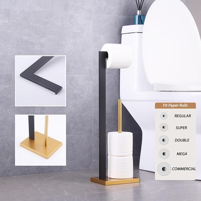 GERZWY Free Standing Toilet Paper Holder, SUS 304 Stainless Steel Toilet Paper Stand with Reserve (Black & Gold) DZY004-BD