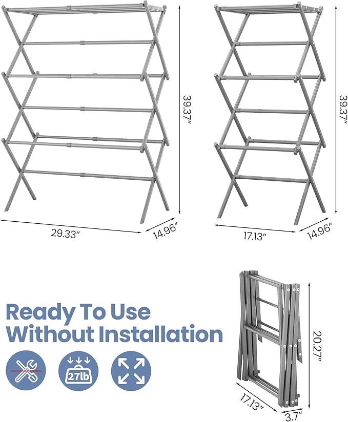 APEXCHASER Oversize Clothes Drying Rack, 3-Tier Drying Rack Clothing, Expandable Metal Laundry Drying Rack, Air Drying Rack, Clothes Rack, No Install, 24lb Capacity, 14.9" D x 29.3" W x 39.3" H, Grey