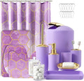 25 Pieces Bathroom Set Purple and Gold Bathroom Accessories Set, Shower Curtain and Rugs, Trash Can, Toilet Brush, Soap Dispenser, Soap Dish, Toothbrush Holder, Tumbler, Tray, Qtip Holder