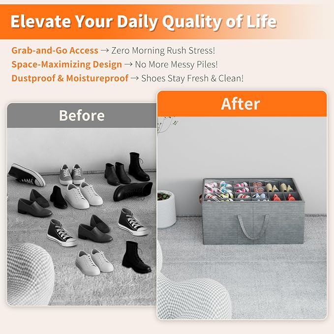 Aokeyee 2 Pack Shoe Organizer for Closet, Large Shoe Storage Box, Grey | Fits up to 48 Pairs, Stackable, Space Saving, Foldable, Shoes Organizer Bin with Clear Cover, 4 Reinforced Handles