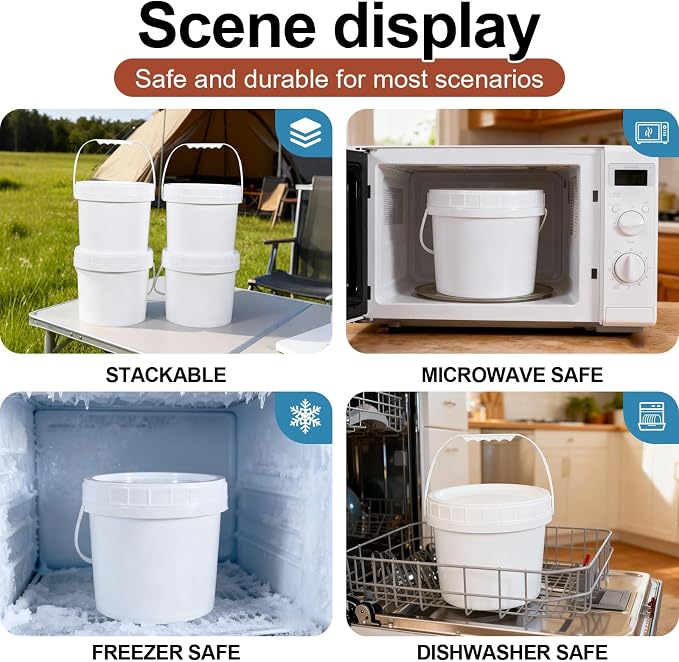 6 Pack 1 Gallon Plastic Buckets with Screw Lids & Handle, Food Grade Storage Containers for Kitchen, Freezer - Reusable White Plastic Bucket Set (White, 6pack 1Gal)