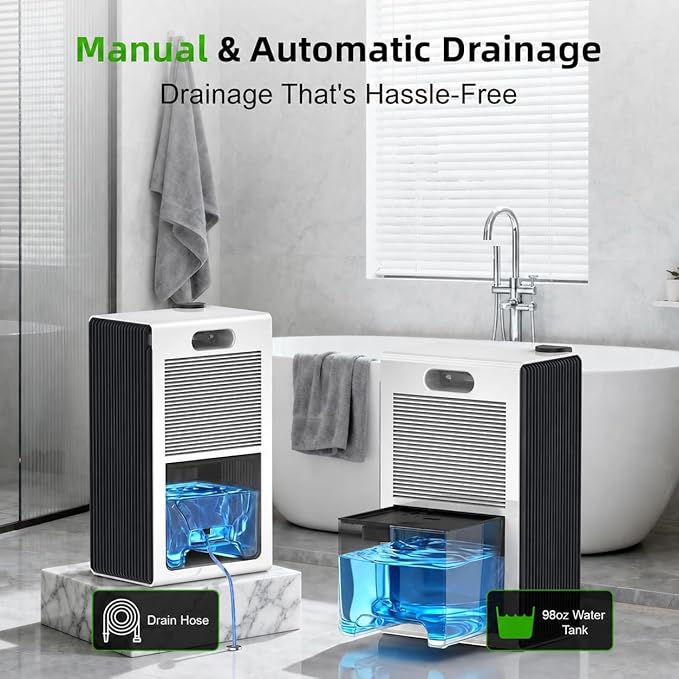 98 OZ Small Dehumidifier for Home 1000 Sq Ft, Quiet Dehumidifier with Drain Hose, Auto Shut-Off, Sleep Mode, 7-Color Light for Basement, Bedroom, Bathroom, Closet, RV (Blue White)