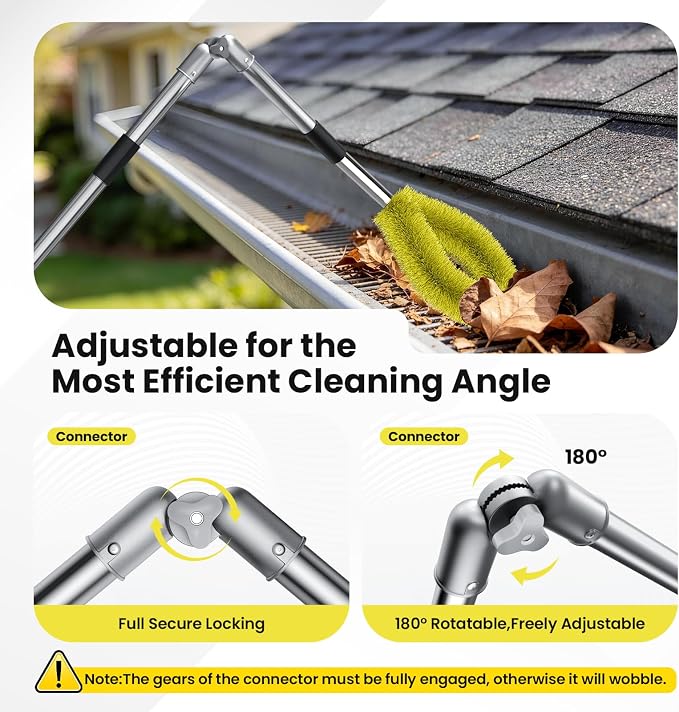 12 FT Gutter Cleaning Tools for Outdoor - Gutter Cleaner Pole with Shovel & Brush for Roof Rain Gutters, Cleans Leaves, Branches & Debris - No Ladder Needed (Yellow)