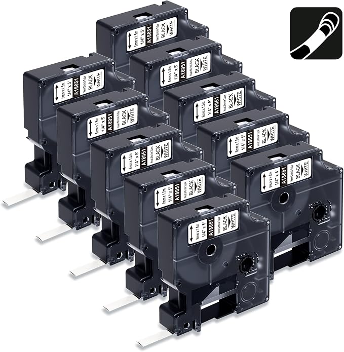 Replacement for Dymo 18051 Compatible Industrial Heat Shrink Tube Labels | A18051 1/4" Rhino Tube 6mm for DYMO Industrial Label Maker 5200 4200 5000 6000, Black on White, 1/4" x 4.9', 10-Pack