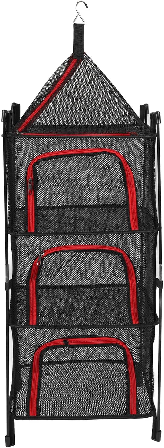 Aramox 4 Layer Hanging Drying Mesh Foldable Thickened Mesh Laundry Net for Clothes Fish Drying with Sturdy Hanging Design for Outdoor Camping Travel Household Storage Basket (Red)