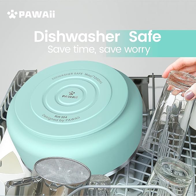 Pawaii Dog Bowl,34 oz Stainless Steel Food and Water Bowl,ID Tag,1 Pack | Double-Wall Design,Non-Slip Rubber Base,Dishwasher Safe,Smooth Open Design, Not a Slow Feeder,Easy-Rinse Interior