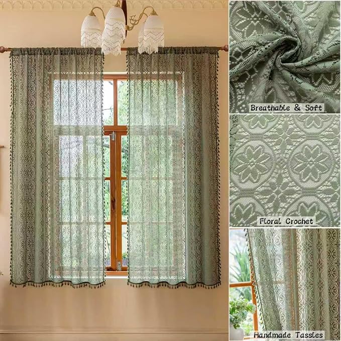 Sutuo Home Olive Green Boho Lace Curtains 2 Panels for Kitchen Kid's Room,Bohemian Floral Light Filtering Crochet Vintage Country Rustic Tassels Drape Privacy Window Treatments Rod Pocket, 50" x 63"