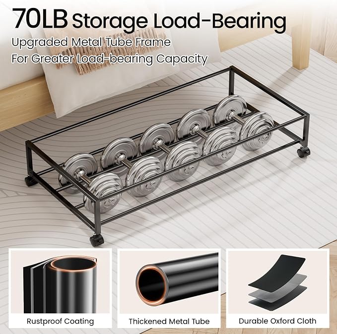 Yecaye 70L Large Under Bed Storage Containers with Wheels, 2 Pack, Black | Larger Capacity, 360° Rolling Wheels, Clear Window & Label, Sturdy Fabric, Rolling Metal Drawers for Clothes, Shoes, Blankets