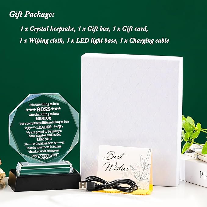 Movdyka Best Boss Gifts for Women Men Crystal Plaque Keepsakes with LED Base Boss's Day for Boss Going Away Appreciation Leaving Office Farewell for Bosses Male Him Retirement