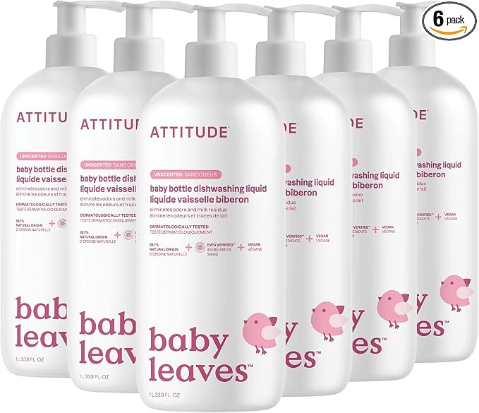 ATTITUDE Baby Bottle & Dish Soap, EWG Verified Bottle Cleaner, Fragrance Free & Dye Free, Removes Milk Residue & Grease, Vegan, Unscented, 33.8 Fl Oz (Pack of 6)