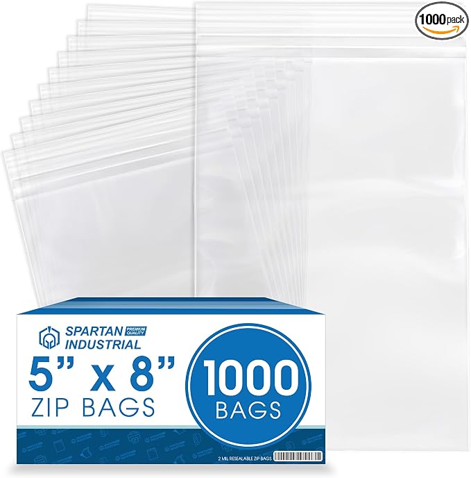 Spartan Industrial - 5” X 8” (1000 Count) 2 Mil Clear Reclosable Zip Plastic Poly Bags with Resealable Lock Seal Zipper