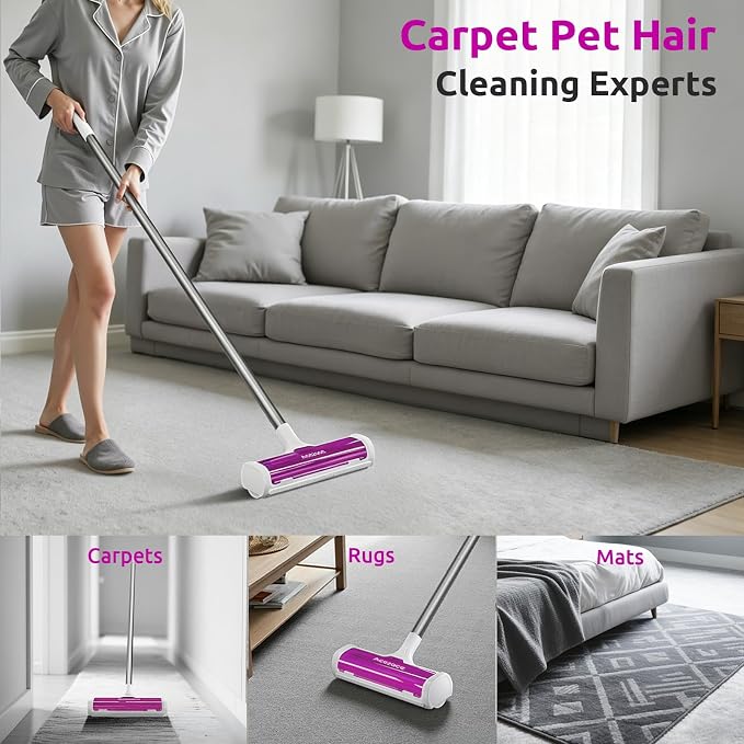 ACE2ACE A3 Pro Carpet Roller for Pet Hair, Carpet Pet Hair Removal Tool | Reusable Large Lint Rollers, 5 Feet Long Handle No Bending No Kneeling, Cat Dog Hair Remover for Carpet, Rugs, Mats, Magenta