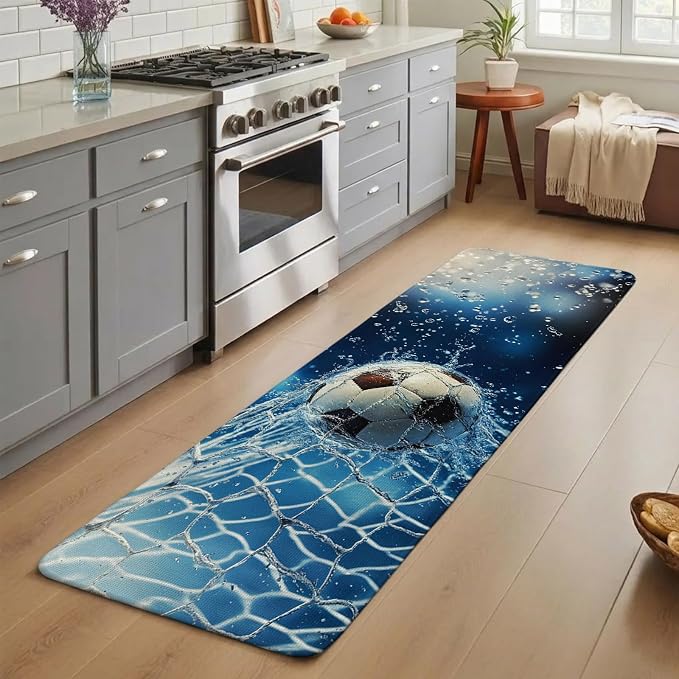 Soccer Ball Bathroom Runner Rugs Non Slip Washable Absorbent Narrow Long Bath Mat Wet Net Power Shot Blue Football Runner Rugs for Kitchen Hallway Bedroom Laundry Study Room 31.5"x78.7"