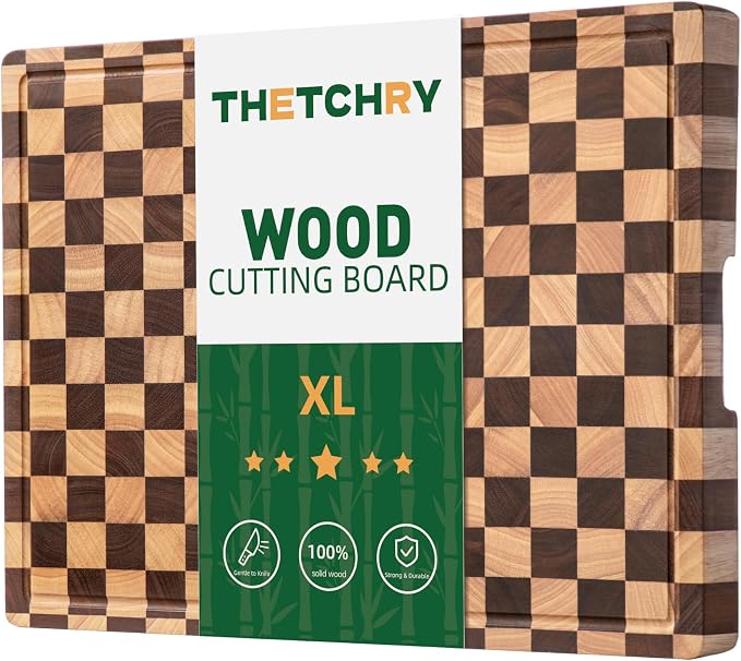 Checkered Cutting Boards for Kitchen, 20" x 15" Chopping Board | 1" Thick Acacia Wood Cutting Board with Juice Grooves, Extra Large Butcher Block for Prep, Serving, Stovetop with Gift Box