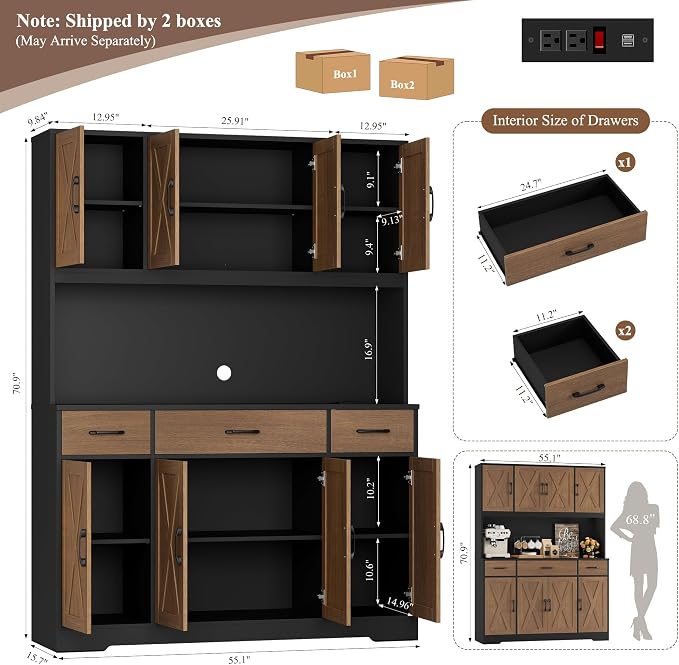 HOSTACK 71" Tall Kitchen Pantry Cabinet, 55" W Kitchen Hutch, Brown/Black | Large Pantry Cabinet with Charging Station / Countertop / 3 Drawers, Farmhouse Hutch Cabinet with Storage for Dining Room