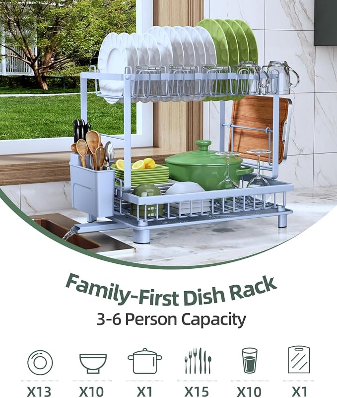 Dish Drying Rack 2-Tier Dish Racks with Drainboard, Rustproof, Space-Saving Dish Rack, Utensil & Cup Holder for Kitchen Counter, Blue