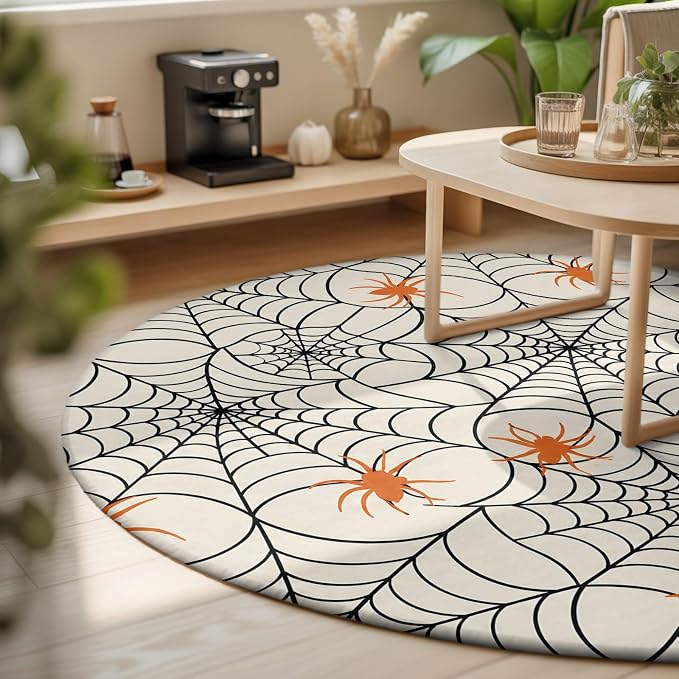 Round Area Rug 5', Halloween Washable Area Rugs for Living Room Kitchen Bedroom Nursery Dining Room, Orange Black Net Classic Spiders Gingham Non Slip Door Mat Indoor Floor Throw Circle Carpet