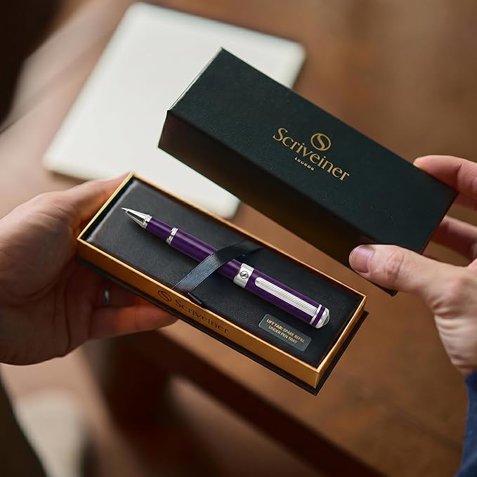 Scriveiner Aubergine Rollerball Pen - Stunning Luxury Pen With Chrome Finish, Schmidt Ink Refill, Best Roller Ball Gift Set for Men & Women, Professional, Executive Office, Nice Pens