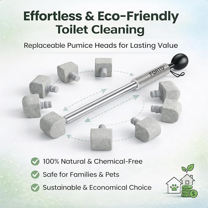 17" Pumice Stone Toilet Bowl Cleaner, 8 Heads – Non-Scratch | 100% natural high-density pumice. Removes limescale, rust & hard water stains without scratching porcelain.