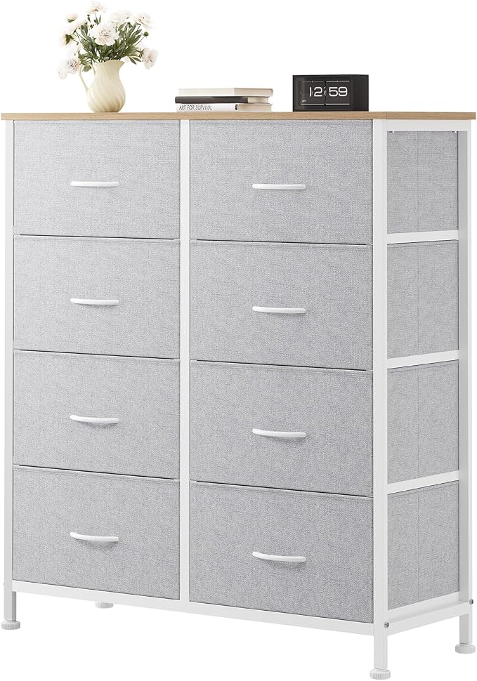 OLIXIS 8 Drawer Storage Dresser with Wood Top - Wide Fabric Chest Organizer for Bedroom, Closet, Living Room,Tower Cabinet, TV Stand, Hallway Entryway Furniture,Light Grey