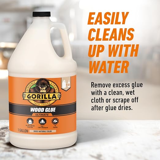 Gorilla Wood Glue Ultimate, Waterproof High‑Strength Wood Glue, Natural Dry Finish, 1 Gallon