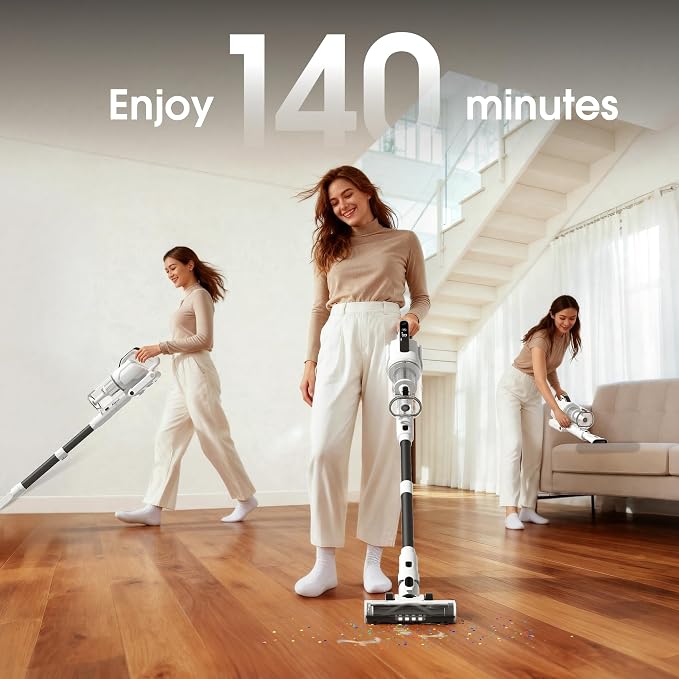 Klarpul Cordless Vacuum Cleaner, 2 Batteries 140 Mins Runtime 600W 50Kpa Stick Vacuum Cordless, Self-Standing Vacuum Cleaners for Home with 2.5H Fast Charging, for Floor/Carpet/Pet Hair, White