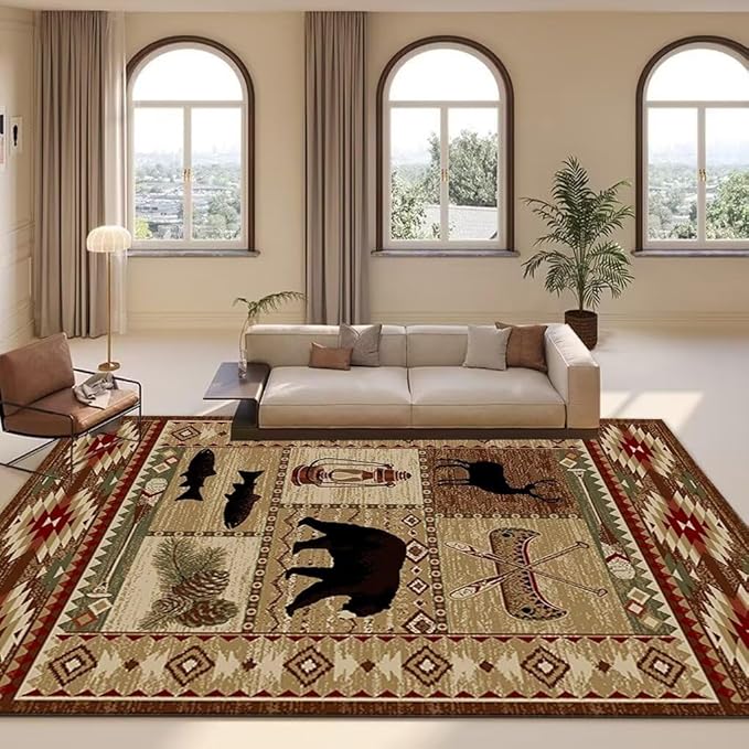 Fish Plaid Wildlife Rugs for Hallway Non-Slip Rustic Cabin Bear Rug Couch Decor Luxury American Style Floor Carpet 2'x3'