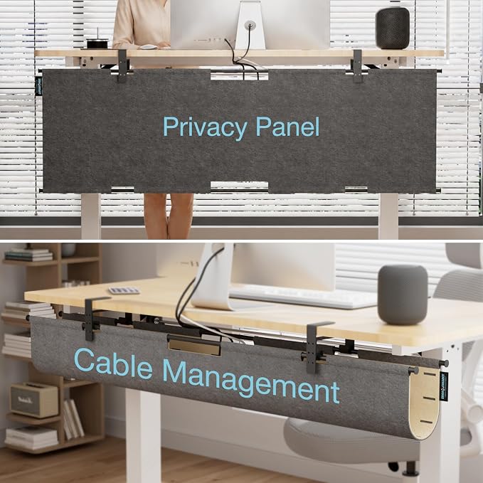 No Drill Under Desk Cable Management Tray, 45.2" Felt Cord Organizer | Convertible Cable Tray & Privacy Panel, Clamp or Screw Mount, Pegboard Wire Management, Dual-Layer Felt, Standing Desk