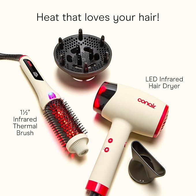 Infiniti PRO CONAIR 1.5 Inch Infrared Thermal Brush - Ionic Heated Hair Styler with 4 Heat Settings up to 400°F, Ceramic Barrel for Volume and Curls, Digital Hot Brush, White