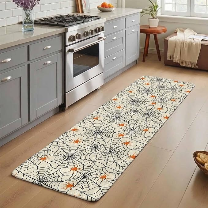 Large Entryway Rug 31.5"x63", Halloween Absorbent Non Slip Indoor Outdoor Floor Mat, Orange Black Net Classic Spiders Gingham Low Profile Area Rug for Front Entrance Mudroom Patio Garage Double Door