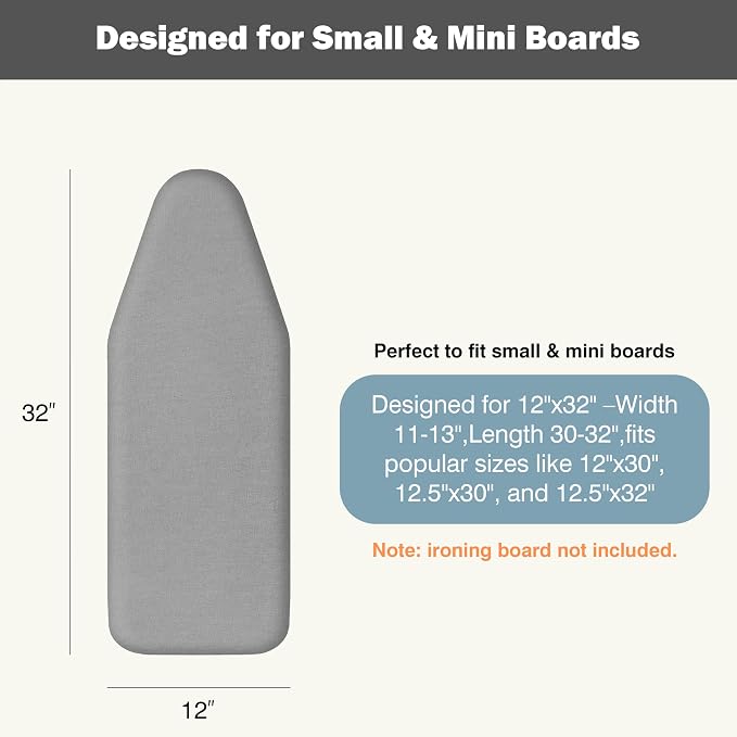 UniSimp Small Ironing Board Cover and Pad 12.5"x30" Small Iron Board Cover with Padding,Tabletop Mini Ironing Board Cover and Pad Small Size, Cotton Canvas, Heat Resistant, Drawstring Gray