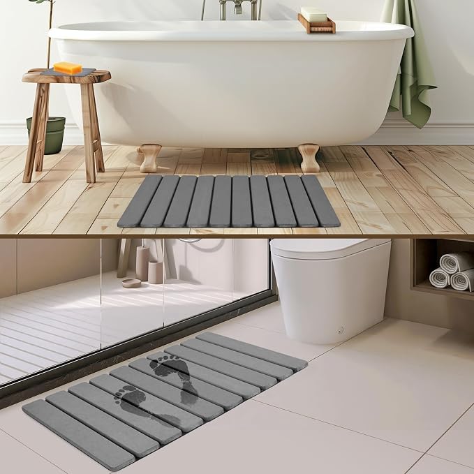 Foldable Stone Bath Mat, 2 PCS Quick-Dry Diatomaceous Earth Stone Drying Mat for Bathroom, Non-Slip Rubber Base, Shower Mat Outside Shower, Easy to Store, Easy to Clean (Grey 24"×16" & 8"x4")