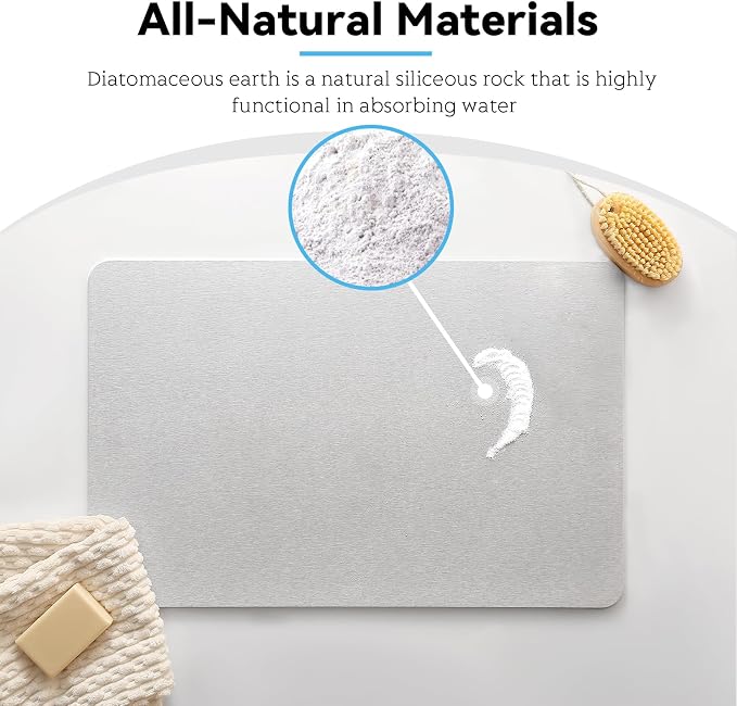 Stone Bath Mat, Dries Quickly, Non-Slip Diatomaceous Earth Bath Mats for Bathroom, Super Absorbent Stone Shower Mat, Easy to Clean, 23.5" x 15.5" Light Gray
