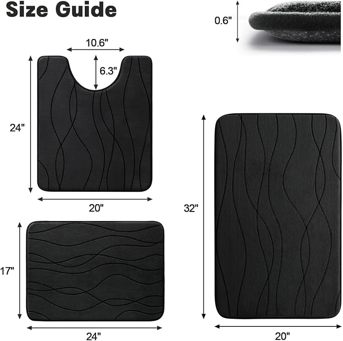 YIHOUSE Bathroom Rugs Set 3 Piece, Memory Foam Bath Mat Black | Ultra Soft, Absorbent, Non-Slip, Machine Washable, for Bathroom, Sink and Toilet