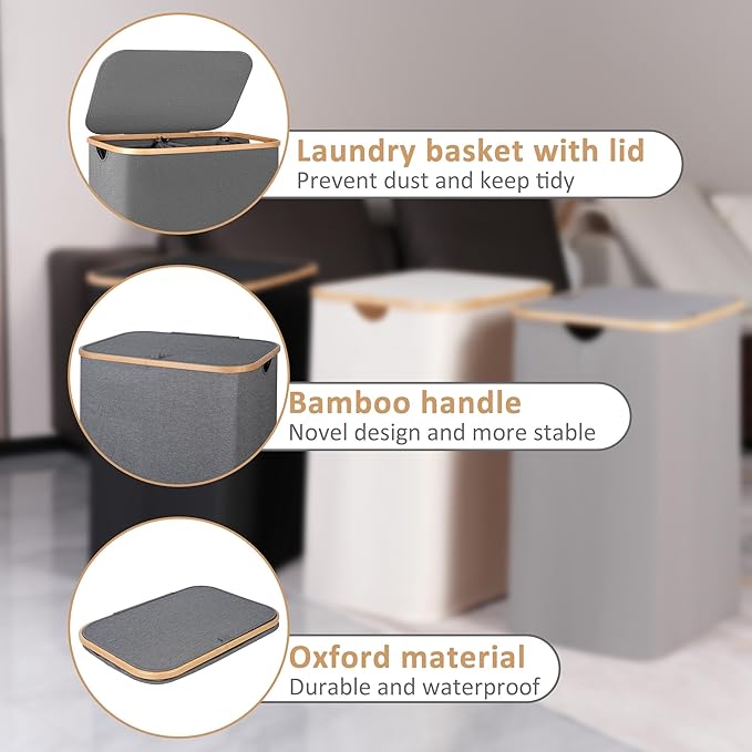 iEGrow Laundry Basket with Lid, 160L Laundry Hamper with Bamboo Handle,Clothes Basket Organizer with Removable Inner Bag for Clothes Towels,Light Grey