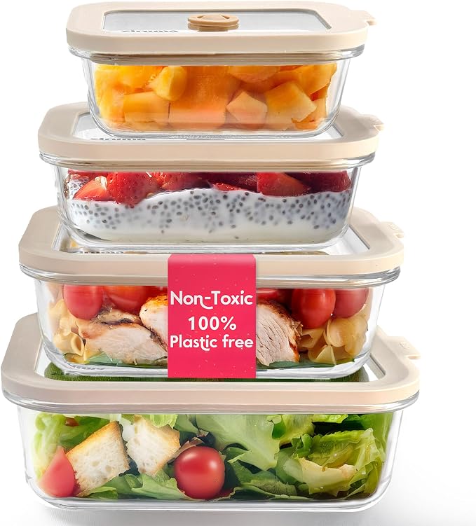 Non-Toxic Glass Food Containers with Lids, 4-Pack, Multi-Size, Beige | Plastic & BPA free. Glass body, glass lid & platinum silicone seal. Airtight & leakproof. Freezer & microwave safe.