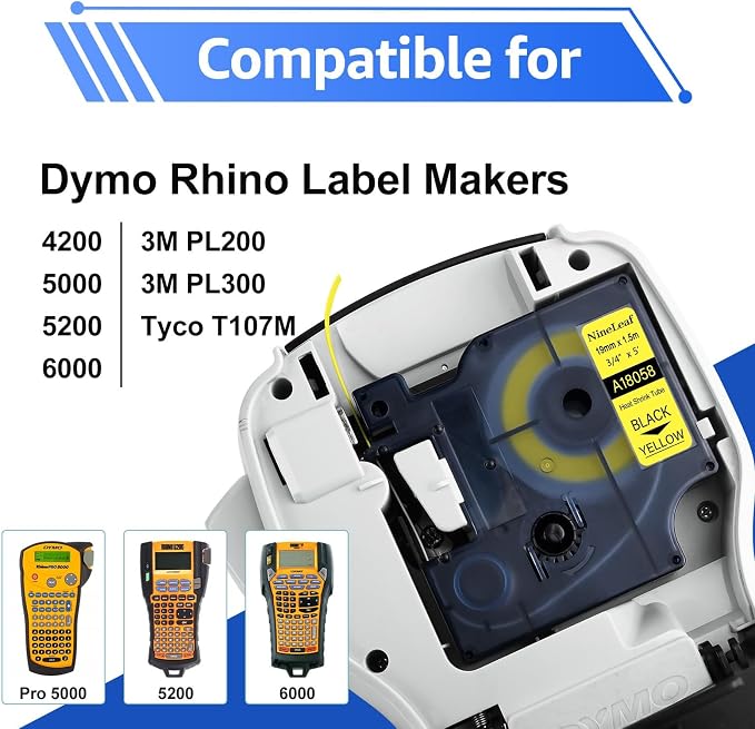 NineLeaf 5 Pack Compatible Labels Tape Replacement for Dymo 18058 3/4 inch Black on Yellow Heat Shrink Tube Labels 19mm x 1.5m for Wires and Cables Use in Rhino 4200 5200 5000 6000 3M Label Maker