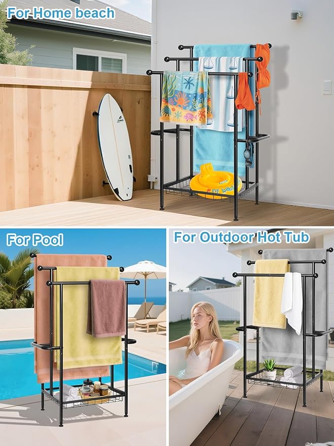 Freestanding Towel Rack for Bathroom, Pool & Outdoor, 3-Tier 39" Metal | Rust-resistant metal towel drying rack with storage basket, designed for oversized towels 24.4" L x 13" W x 39" H
