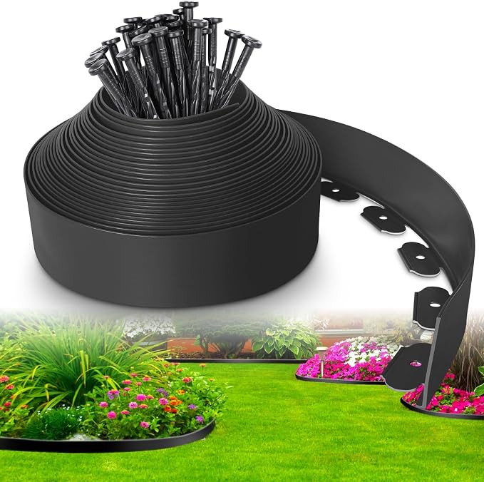 4-Inch x 33 FT Landscape Edging Border with 50 Spikes, No Dig Garden Edging Lawn Border Kit, Plastic Mulch Border Flexible for Garden Flower Beds Lawn Yard Pathway Paver (Black)