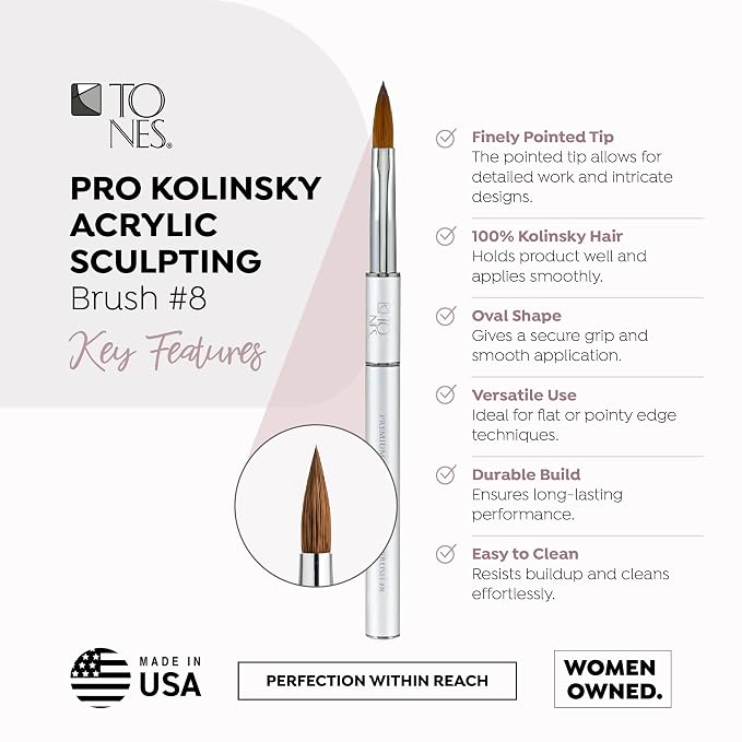 Tones Kolinsky Acrylic Nail Brush - 100% Kolinsky Sable Hair Brush for Acrylic Nails - Ultra Precise Nail Sculpting and 3D Nail Art Brush (#8)