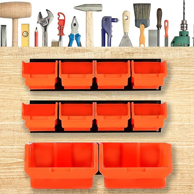 Wallmaster Wall Mounted Storage Bins, Wall Storage Bins Parts Rack 10 Bins&3 Rails Wall Mount Tool Organizer Hardware Storage Organizer (Orange)