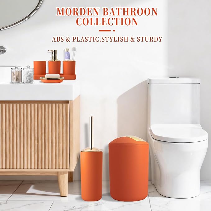 BSSN Orange Bathroom Accessories Set, Luxurious 9-Piece Bath Decor Set with Trash Can, Toilet Brush, Gold Pump Soap Dispenser, Multi-Slot Toothbrush Holder, Qtip Jars, Vanity Tray and Tumbler Cup