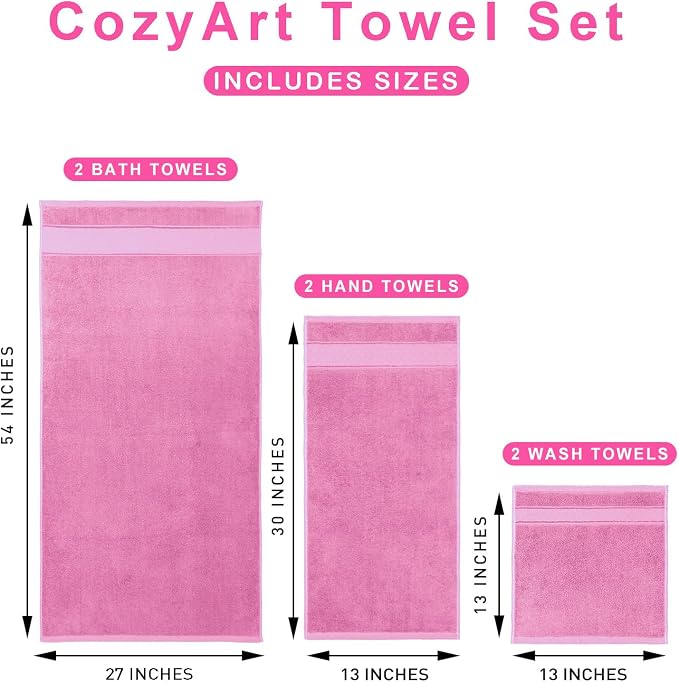 COZYART Bath Towel Set 6 PCS, Pink Luxury 100% Turkish Cotton 650GSM | Soft Absorbent Quick Dry, OEKO‑Tex 100 Cert. Zero Twist Ring Spun Cotton, Plush Fluffy, Breathable Hotel Quality Towels Set