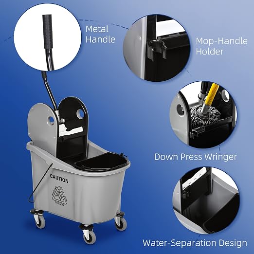 HOMCOM 9.5 Gallon (38 Quart) Mop Bucket with Wringer Cleaning Cart Grey | 4 Moving Wheels, 2 Separate Buckets, Mop-Handle Holder