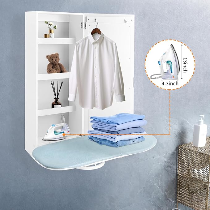 Wall Ironing Board Cabinet 180° Swivel with Mirror & Storage, Hooks, White | 180° swivel ironing board + full-length mirror + irons storage shelf + hooks. Holds 22 lbs. Folds to 8"D. For Home Apartment