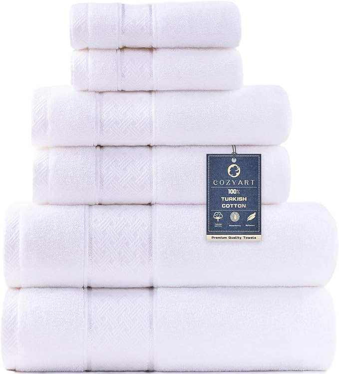 COZYART Bath Towel Set 6 PCS, Luxury White 100% Turkish Cotton 650GSM | Soft Absorbent Quick Dry, OEKO‑Tex 100 Cert. Zero Twist Ring Spun Cotton, Plush Fluffy, Breathable Hotel Quality Towels Set