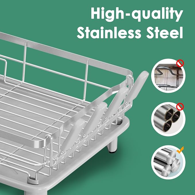 MOUKABAL Stainless Steel Dish Drying Rack for Kitchen Counter, Grey Silver | 13×17 Large Capacity/Drainboard with Rotating Spout/Removable Cup & Utensil Holders/Fast Drainage/Countertop Dish Drainer